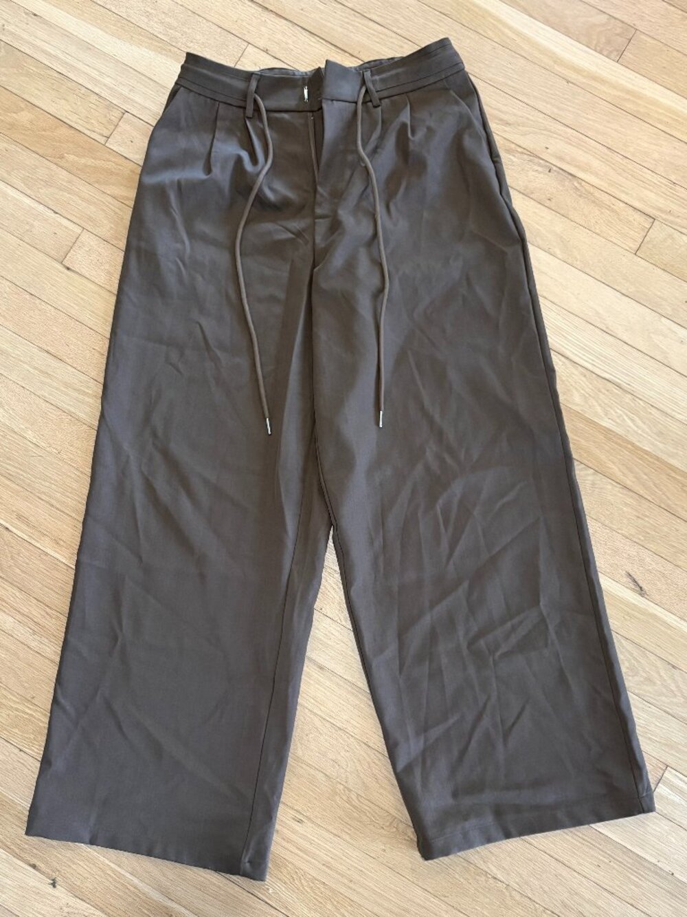 Brown Wide Leg Drawstring Trousers Pleated High Waisted Size M